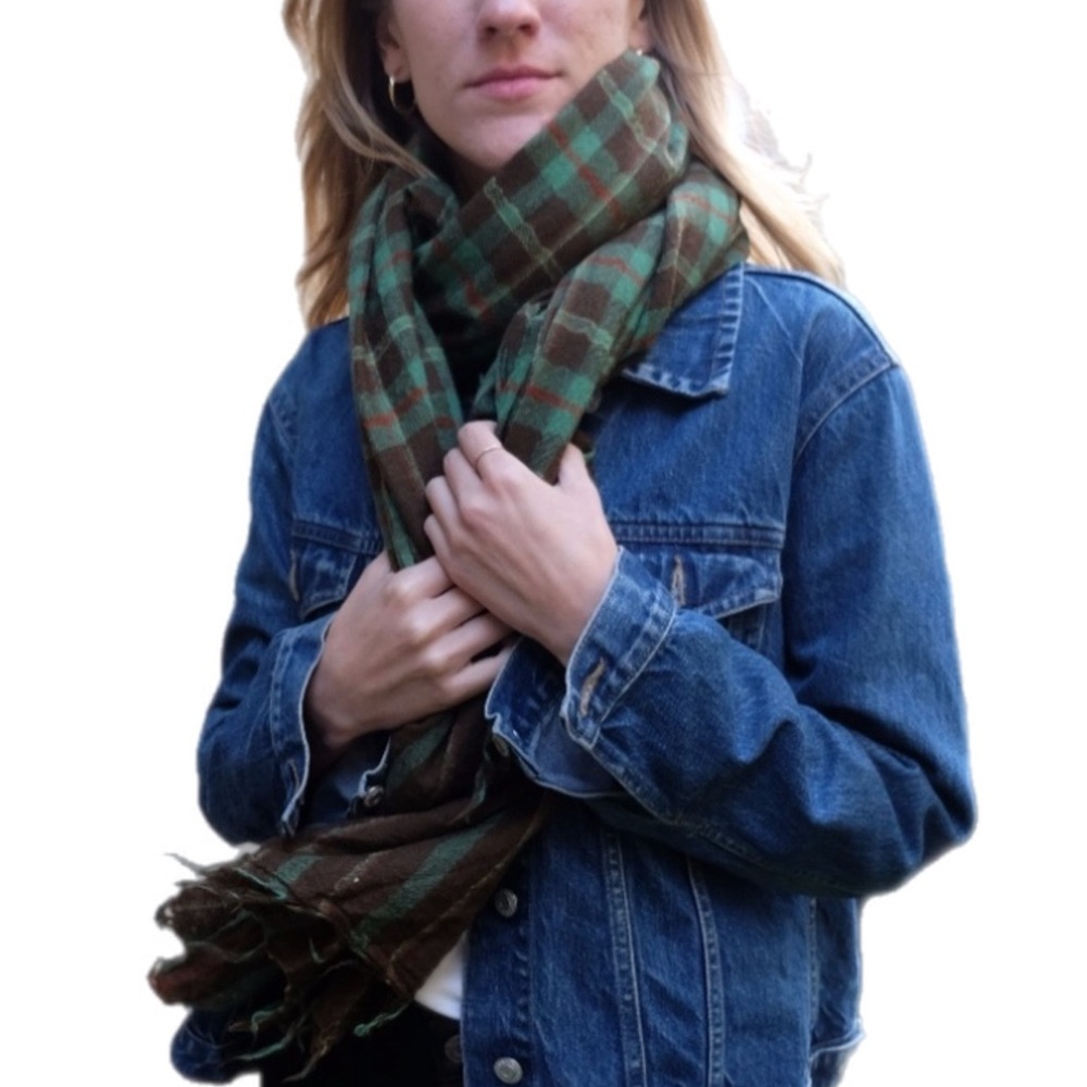 Vintage Plaid Green Red Brown Yellow Long Wool Fringed Scarf - Picture 13 of 13